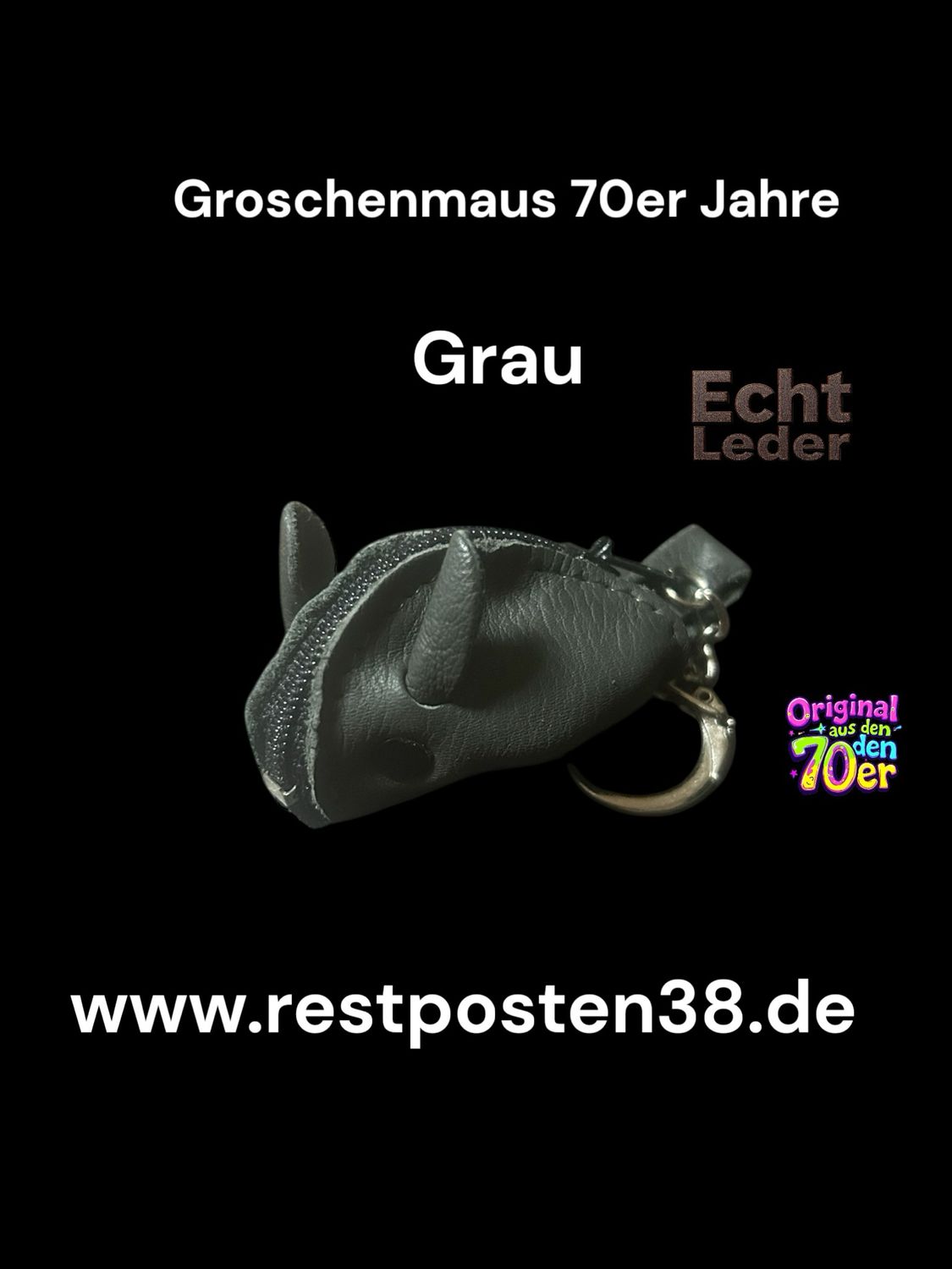 Retro Groschenmaus dunkel grau, 70er Jahre -Echt Leder