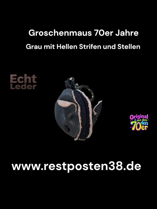 Retro Groschenmaus grau mit weißem Rand, 70er Jahre -Echt Leder