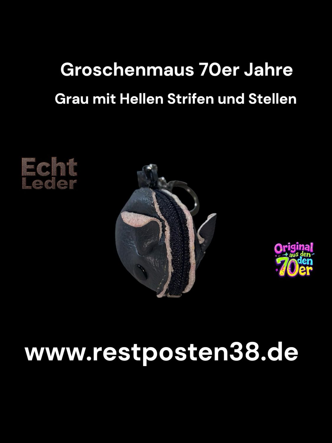 Retro Groschenmaus grau mit weißem Rand, 70er Jahre -Echt Leder