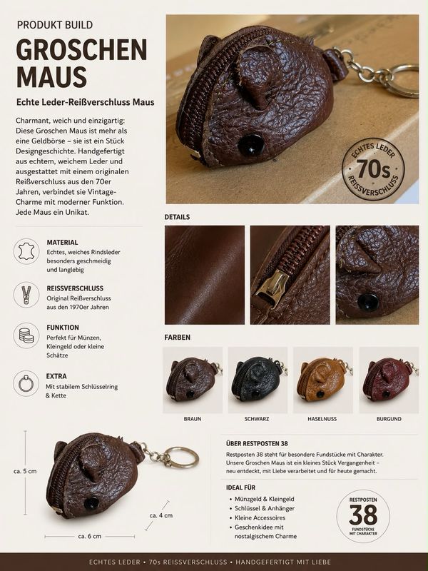 Retro Groschenmaus braun, 70er Jahre -weiches Leder