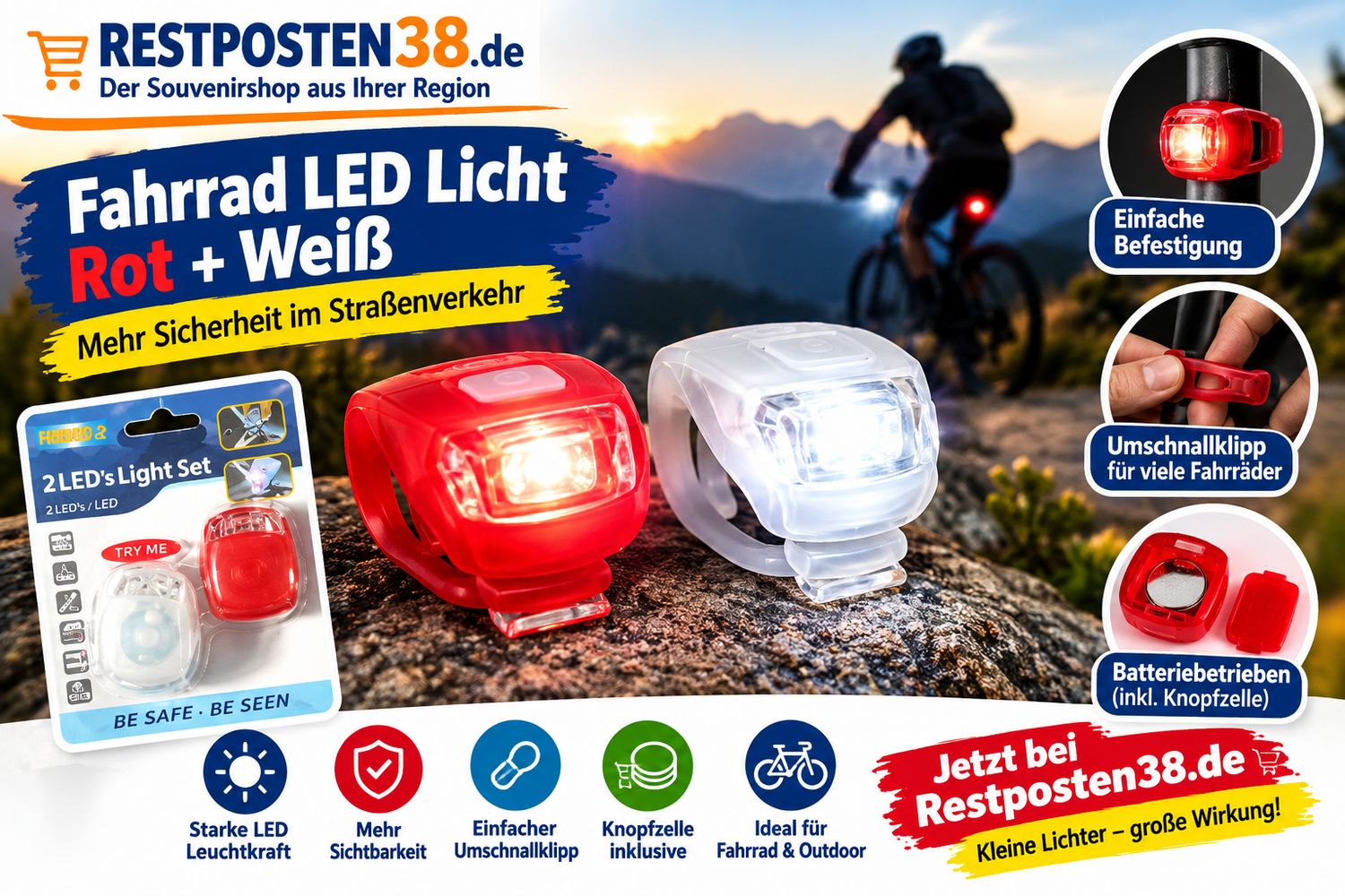Fahrradbeleuchtung LED Rot/Weiß, Batteriebetrieben