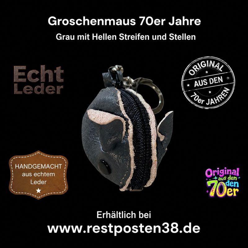 Retro Groschenmaus grau mit weißem Rand, 70er Jahre -Echt Leder