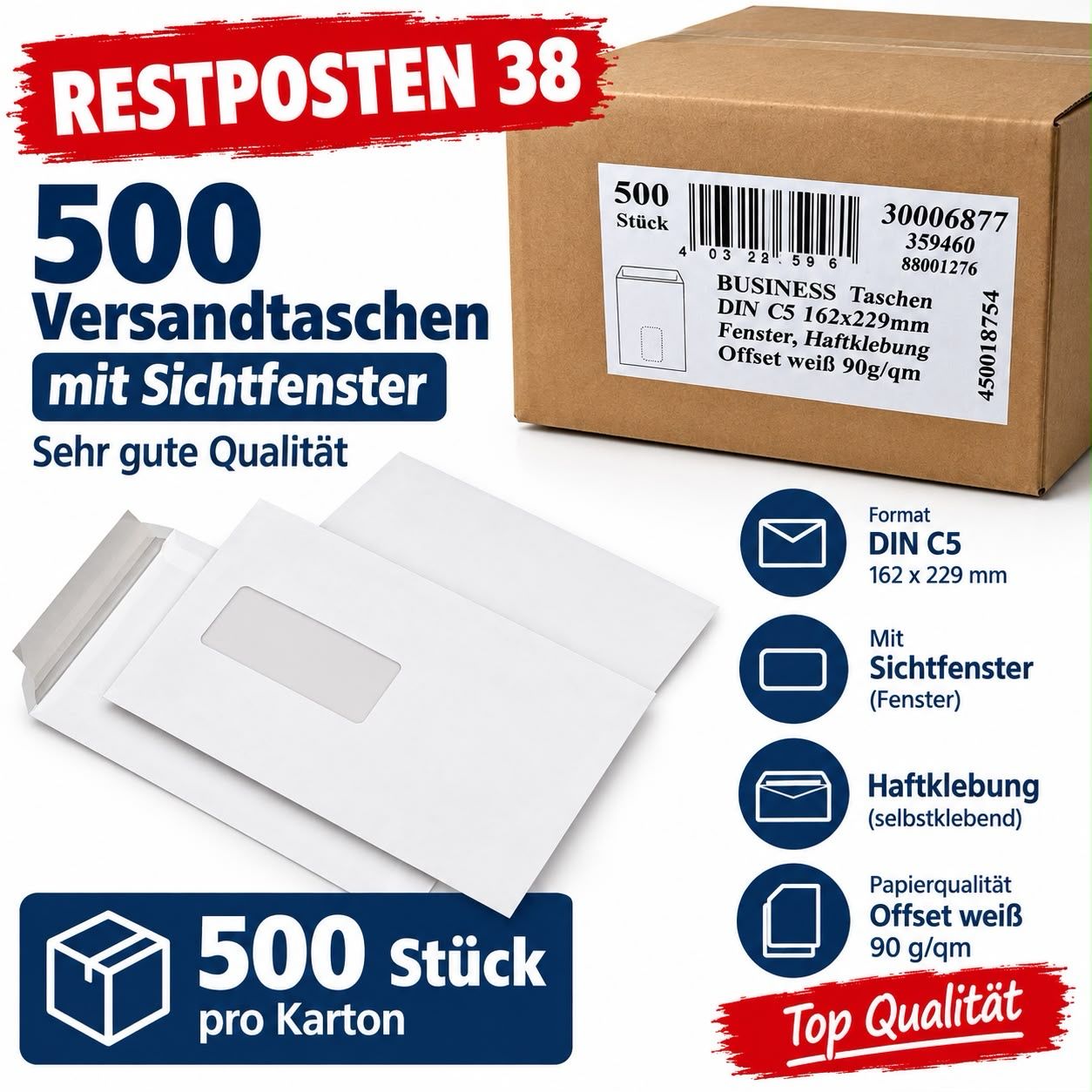 500 Versandtaschen C5 162x229 mm HK mit Fenster