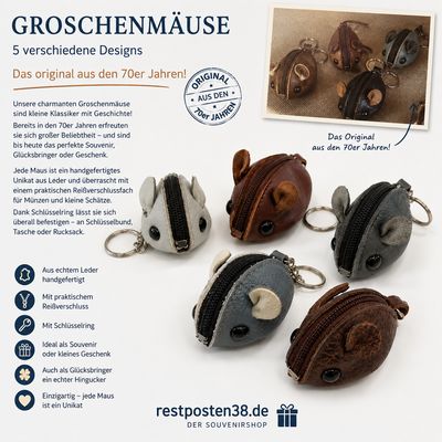 Retro Groschenmaus, 5 verschiedene Farben -Echt Leder