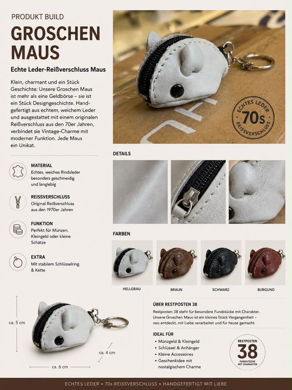 Retro Groschenmaus hell grau , 70er Jahre -Echt Leder
