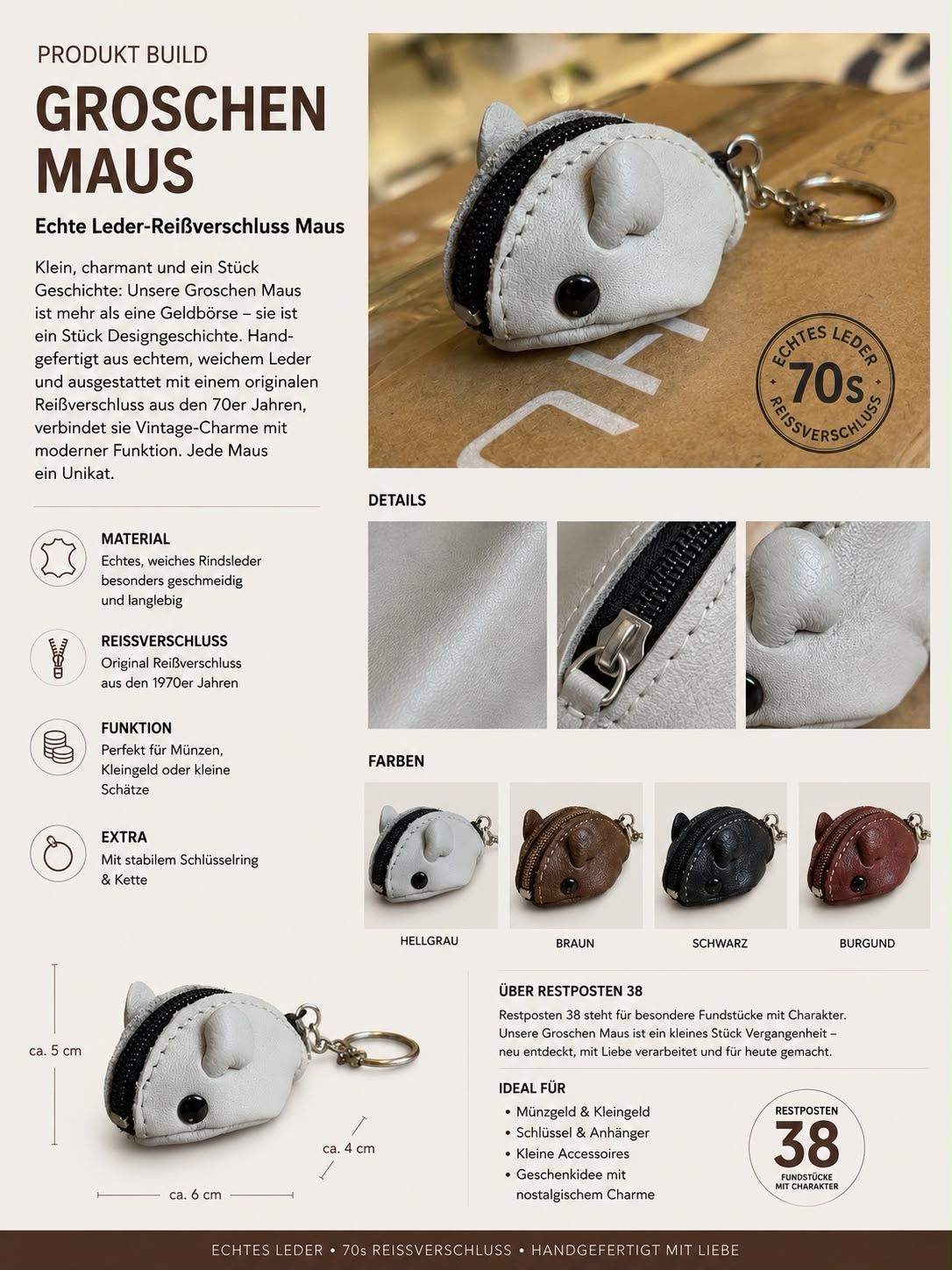 Retro Groschenmaus hell grau , 70er Jahre -Echt Leder