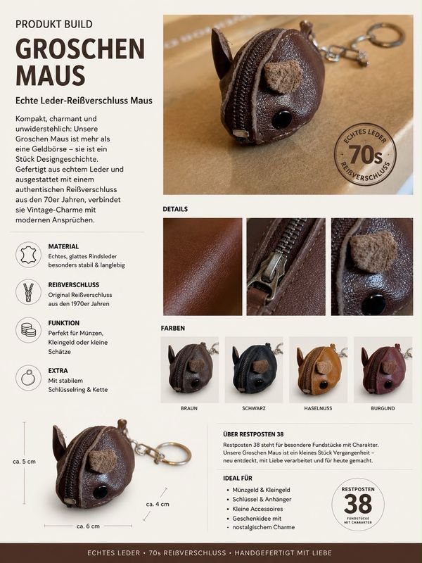 Retro Groschenmaus braun -glattes Leder, 70er Jahre -Echt Leder