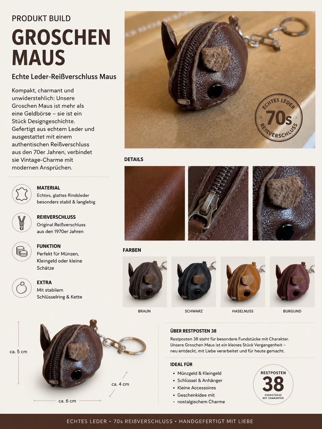 Retro Groschenmaus braun -glattes Leder, 70er Jahre -Echt Leder