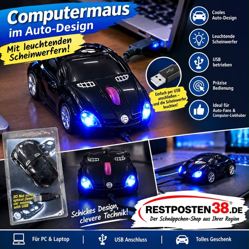 3D Computermaus in Autoform, USB Anschluss, schwarz