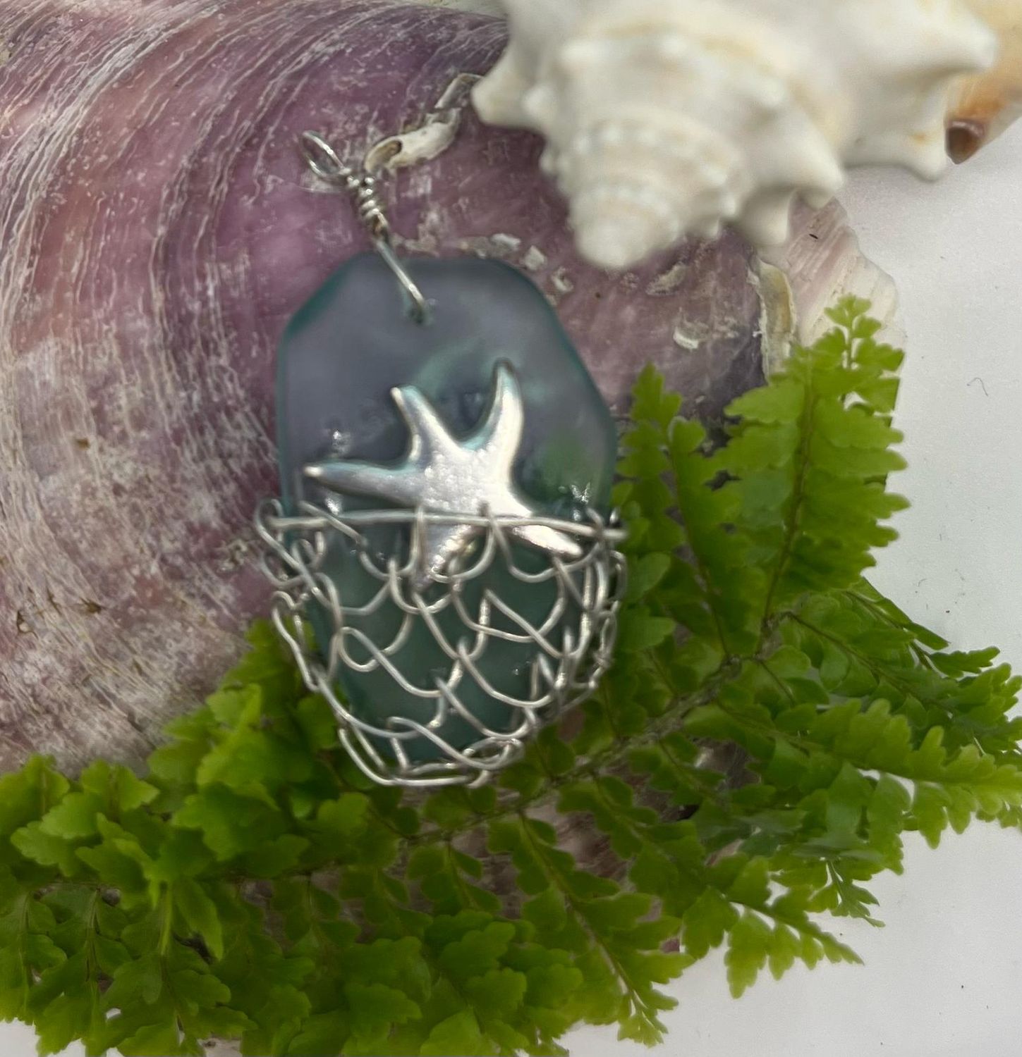 Ocean Drift: Turquoise Sea Glass Pendant with Silver Starfish &amp; Net