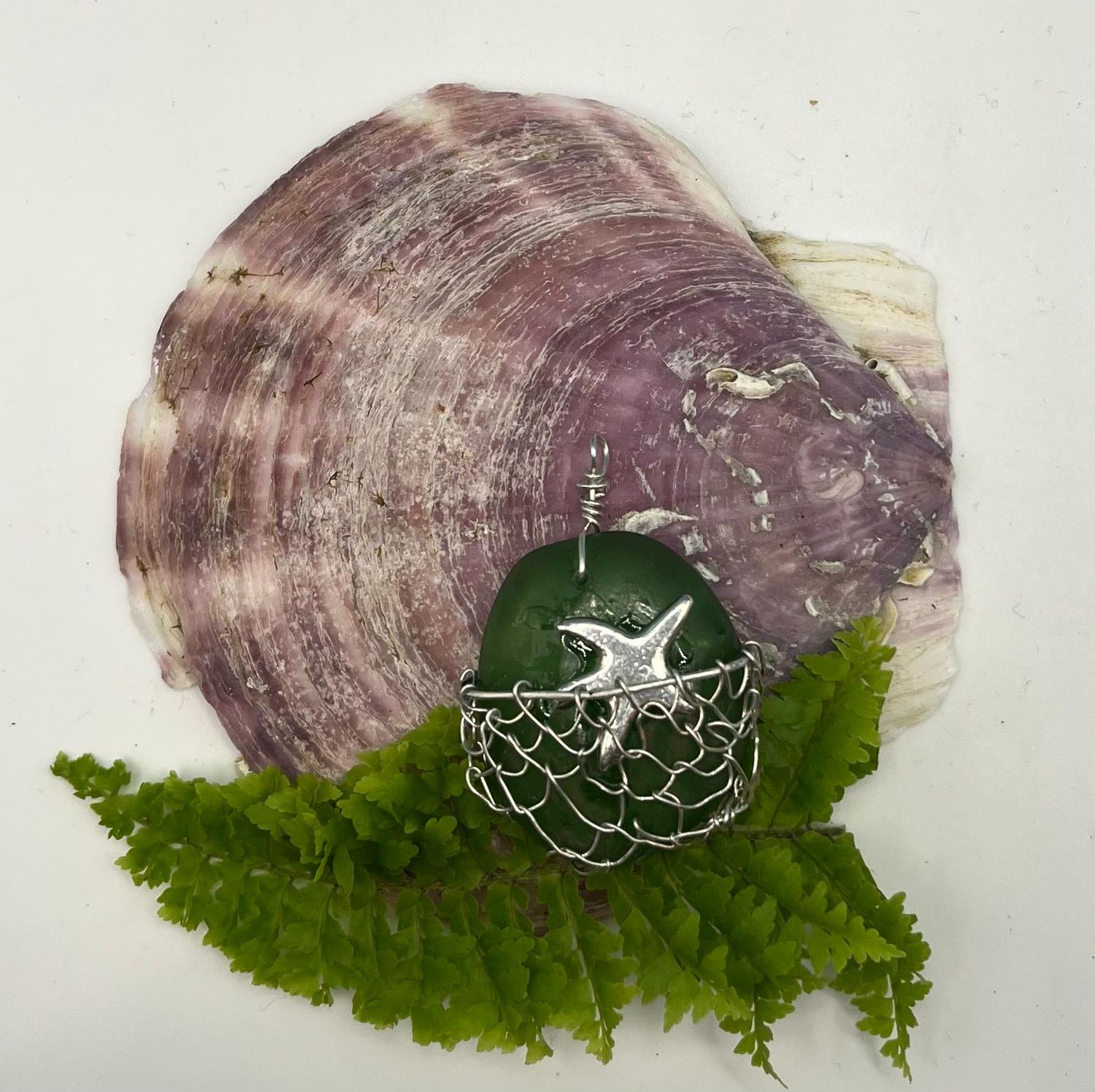 Sea Garden: Green Sea Glass Pendant with Silver Starfish &amp; Net