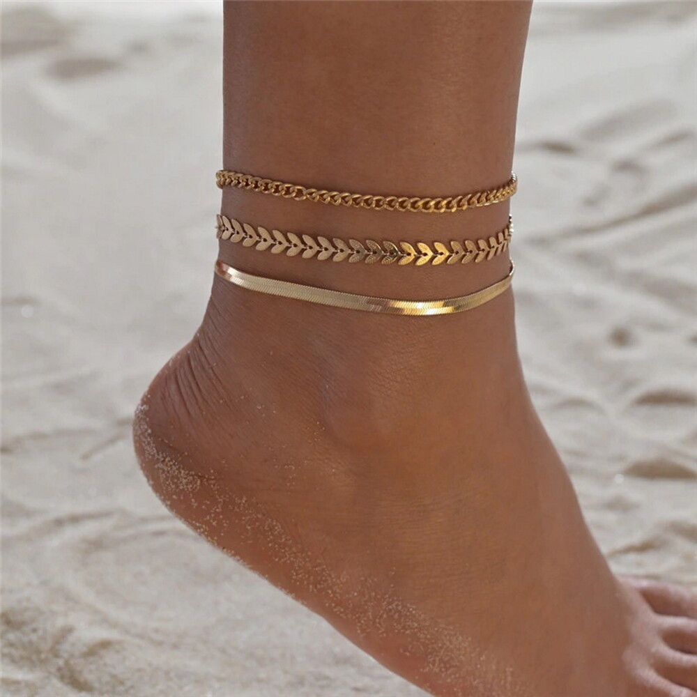 3pcs Set Gold Color Bohemia Chain Anklets Women Beach Foot Bracelets Jewellery