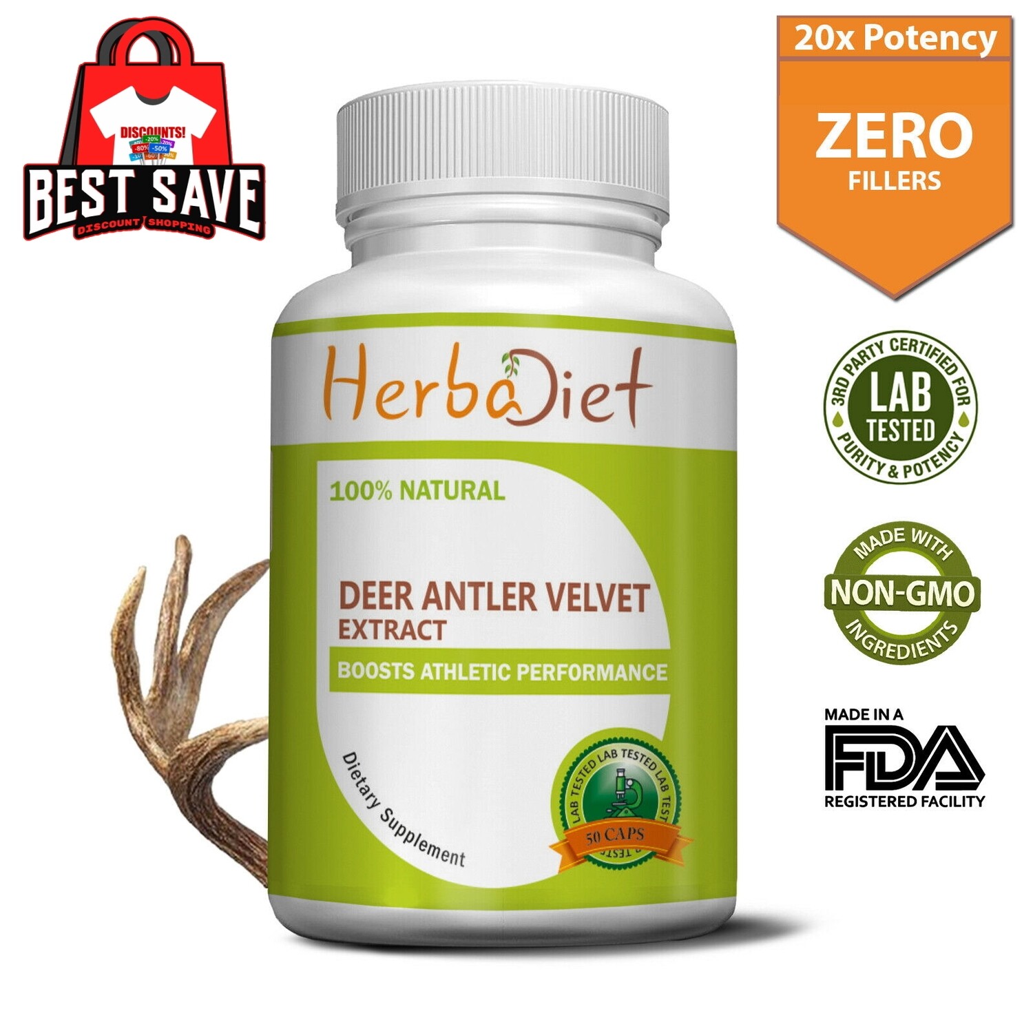 Deer Antler Velvet 20-1 Extract Capsules Supports Athletic Performance Strength 60 x 250mg Capsules