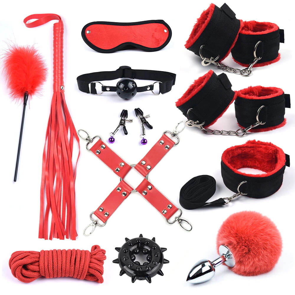 BDSM Bondage Whip Hand and Feet Cuffs Collar Nipple Clips Adults SM Games Set 12