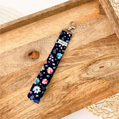 Navy Pink Floral Cotton Key Fob