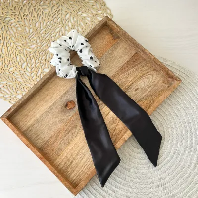 Black Hearts &amp; Satin Bow Scrunchie