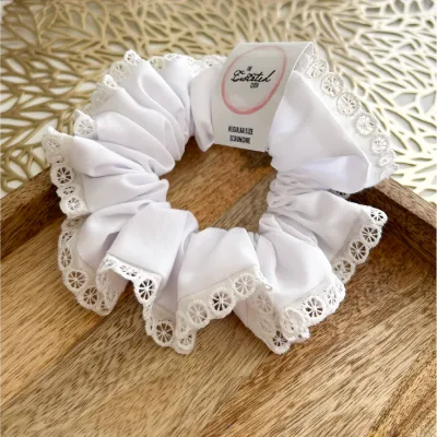 White Embroidered Cotton Trim Scrunchie