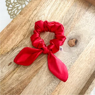 Small Rosy Red Satin Bow Scrunchie