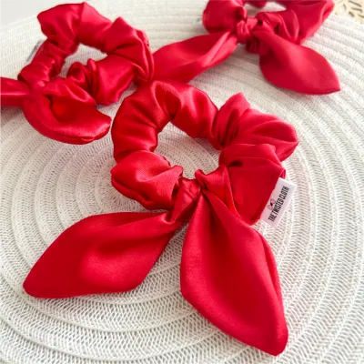Small Rosy Red Satin Bow Scrunchie