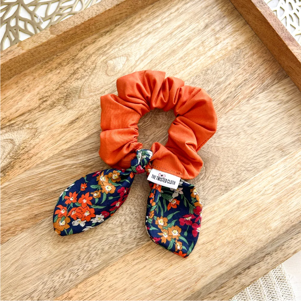 Small Orange &amp; Navy Floral Bow Scrunchie