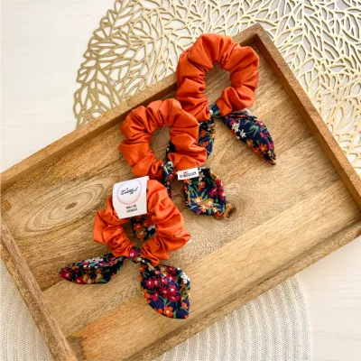 Small Orange &amp; Navy Floral Bow Scrunchie