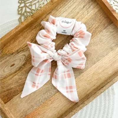 Peachy Gingham Bow Scrunchie