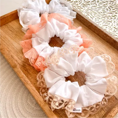 White Cotton Scrunchie With Lace