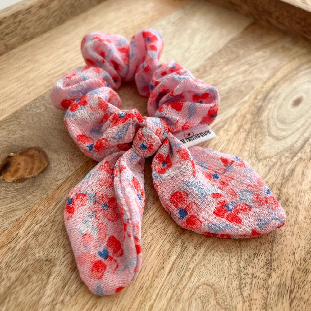 Small Pink Floral Bunny Bow Scrunchie