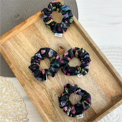 Small Black Fruity Cotton Scrunchie