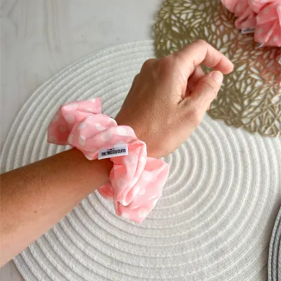 Pink Polka Dot Chiffon Scrunchie