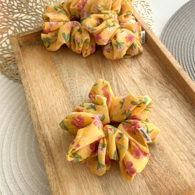 Pink Blooms Yellow Chiffon Scrunchie