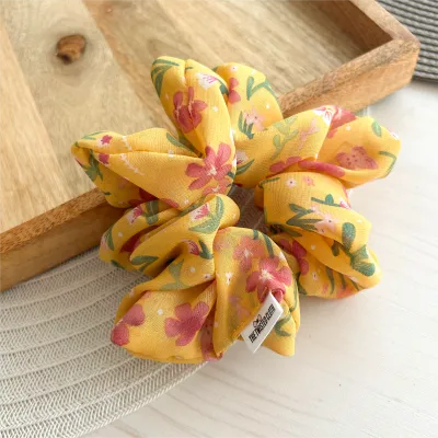 Pink Blooms Yellow Chiffon Scrunchie