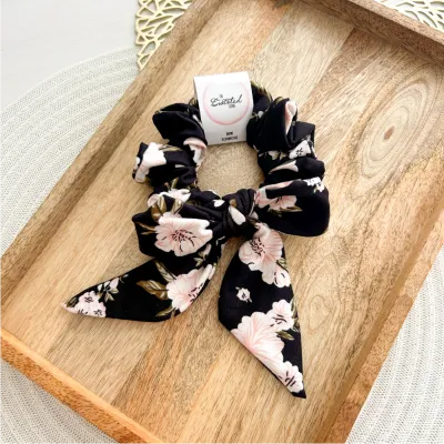 Black Floral Bow Scrunchie