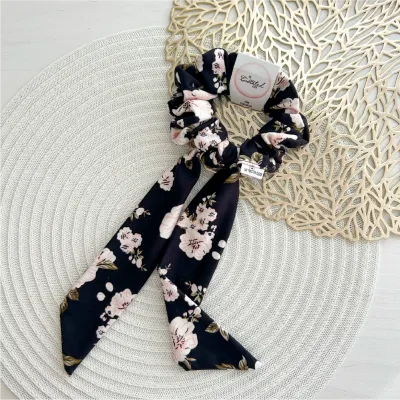 Black Floral Bow Scrunchie