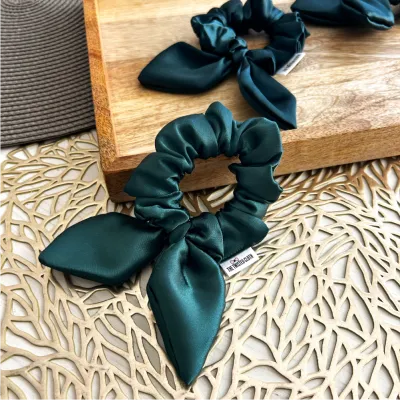 Small Emerald Green Satin Bow Scrunchie