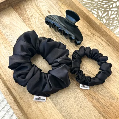 3Pcs Black Satin Scrunchie &amp; Claw Clip Set