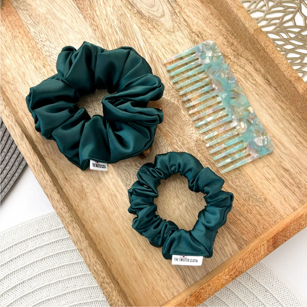 3 Pcs Emerald Green Satin Scrunchie &amp; Comb Set