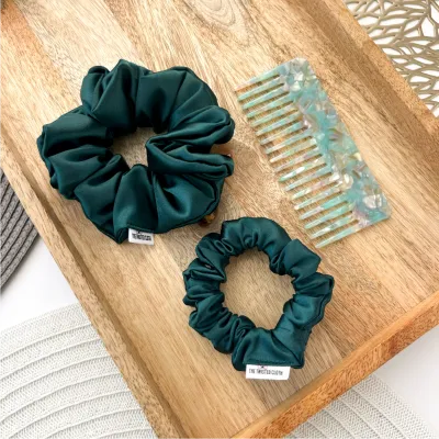 3 Pcs Emerald Green Satin Scrunchie &amp; Comb Set