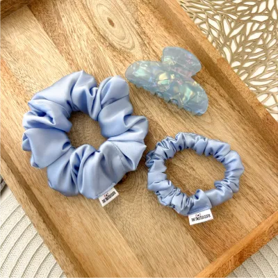 3Pcs Light Blue Satin Scrunchie &amp; Claw Clip Set
