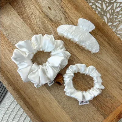 3Pcs White Satin Scrunchie &amp; Claw Clip Set