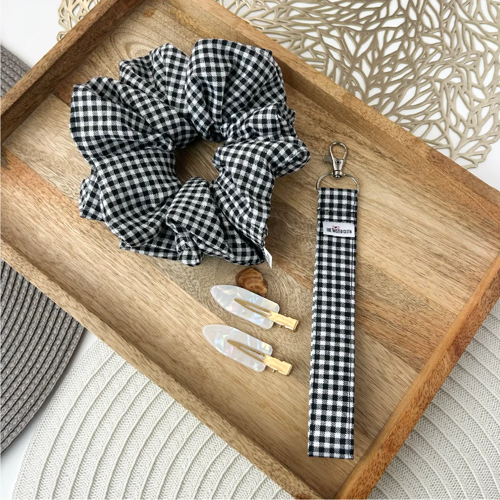 4Pcs Black &amp; White Gingham Scrunchie, Key Fob &amp; No Crease Hair Clips Set