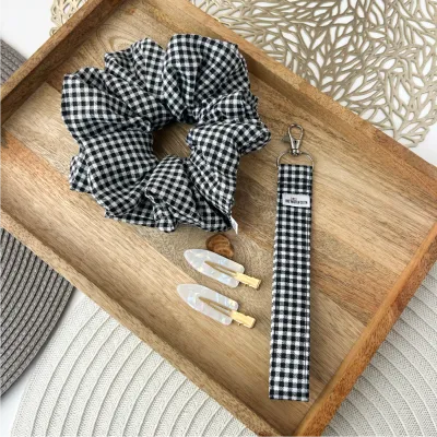 4Pcs Black &amp; White Gingham Scrunchie, Key Fob &amp; No Crease Hair Clips Set