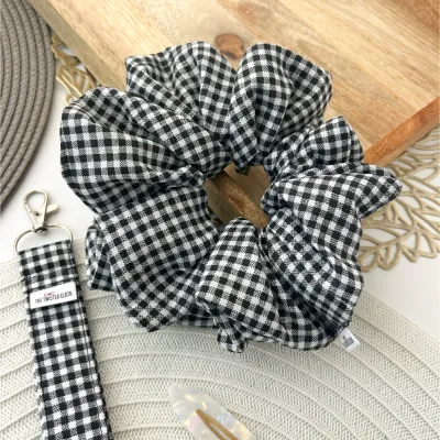 4Pcs Black &amp; White Gingham Scrunchie, Key Fob &amp; No Crease Hair Clips Set