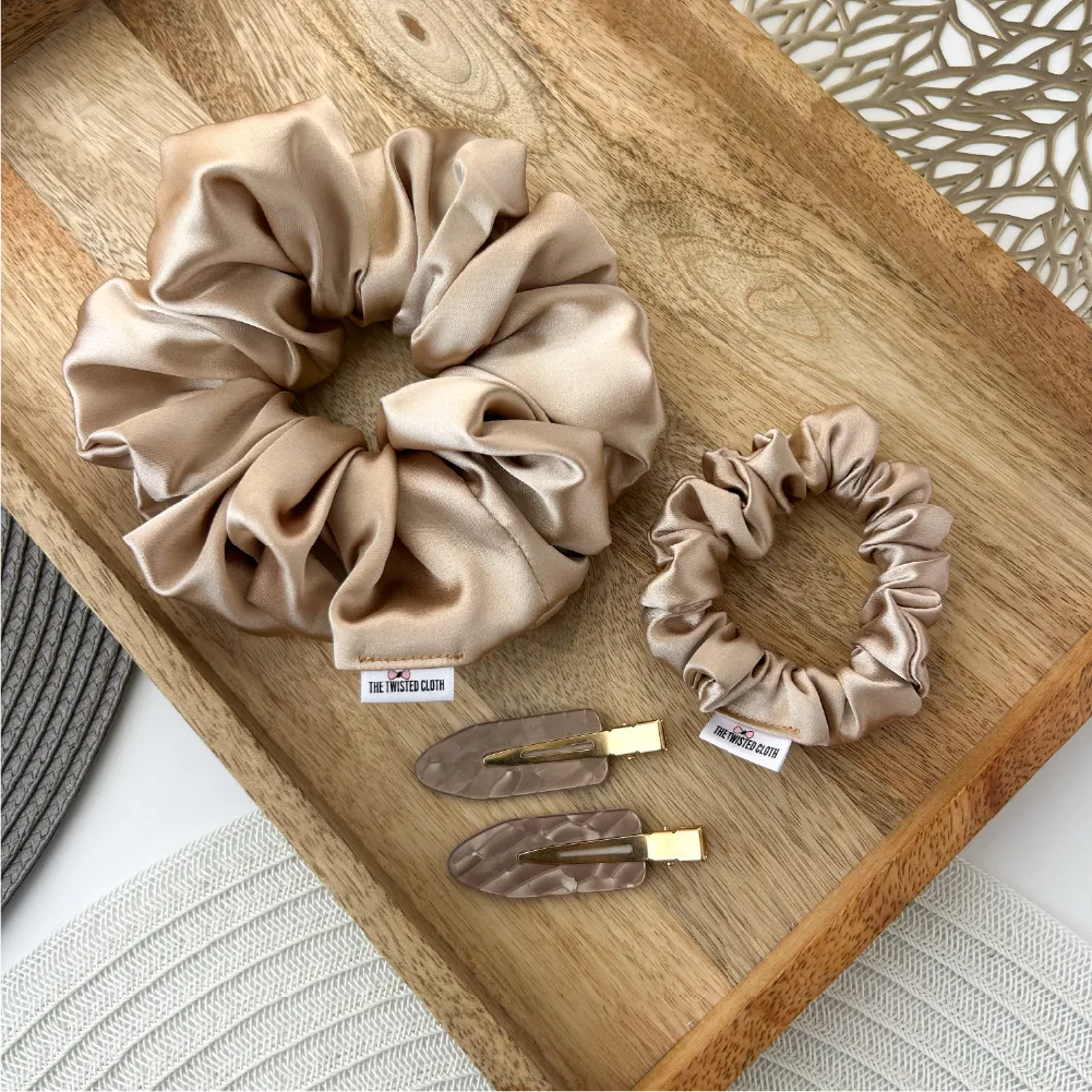 4Pcs Champagne Satin Scrunchie &amp; No Crease Hair Clips Set