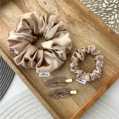 4Pcs Champagne Satin Scrunchie &amp; No Crease Hair Clips Set