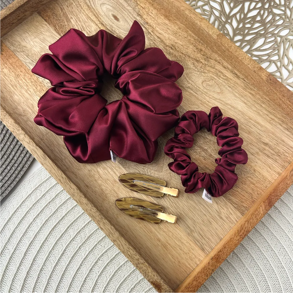 4Pcs Maroon Satin Scrunchie &amp; No Crease Hair Clip Set