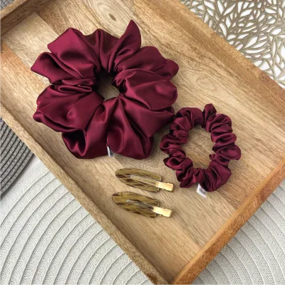 4Pcs Maroon Satin Scrunchie & No Crease Hair Clip Set