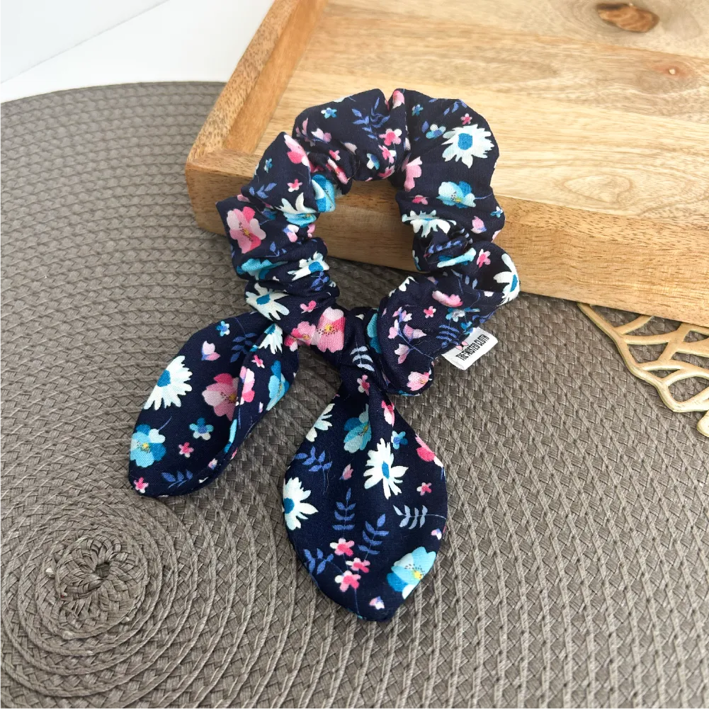 Small Navy Floral Bow Scrunchie