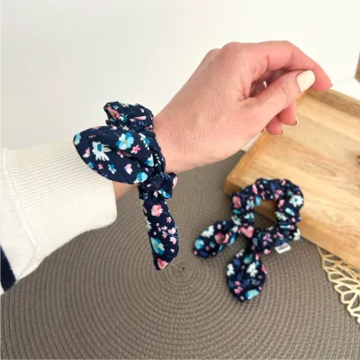 Small Navy Floral Bow Scrunchie