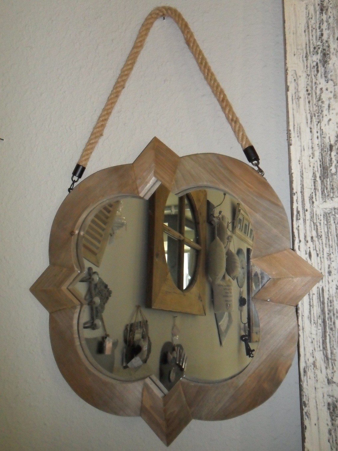 SPECCHIERA in LEGNO NATURALE con CORDA e GANCI in METALLO